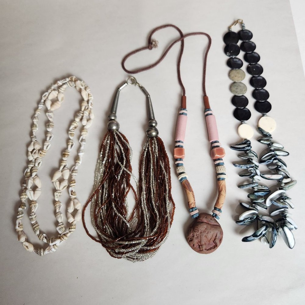 Lot of 4 Vintage Necklace's Abalone Shell Sea Shell Indian Buffalo Clay Stone